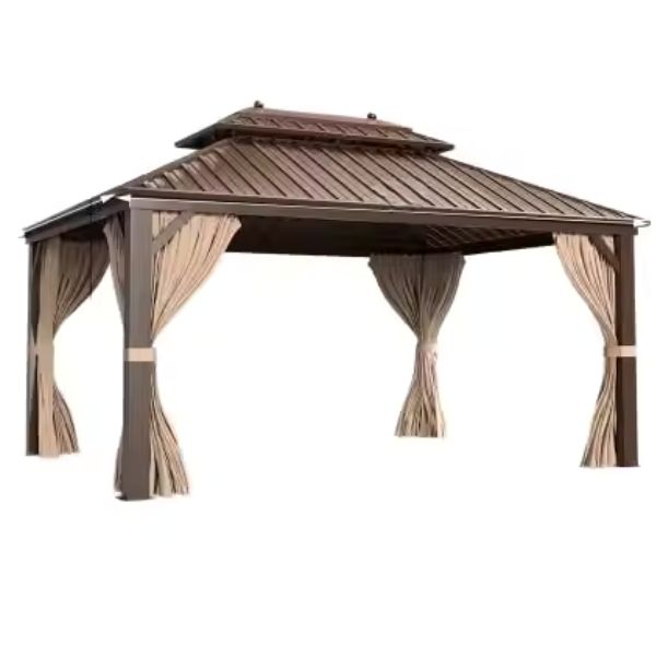 Outdoor Aluminum Patio Gazebo With Double Roof & Mosquito Netting Curtain