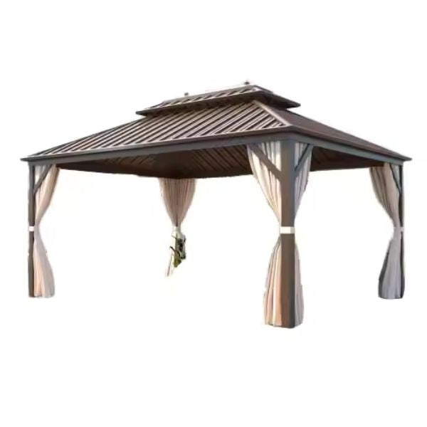 Outdoor Aluminum Patio Gazebo With Double Roof & Mosquito Netting Curtain